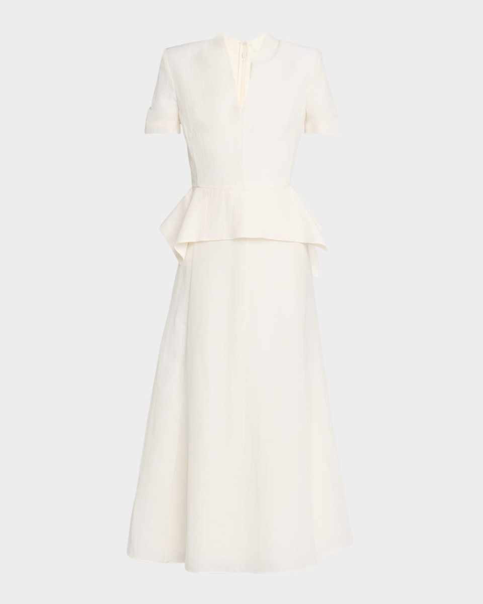 V-Neck Peplum Silk Jacquard Midi Dress
